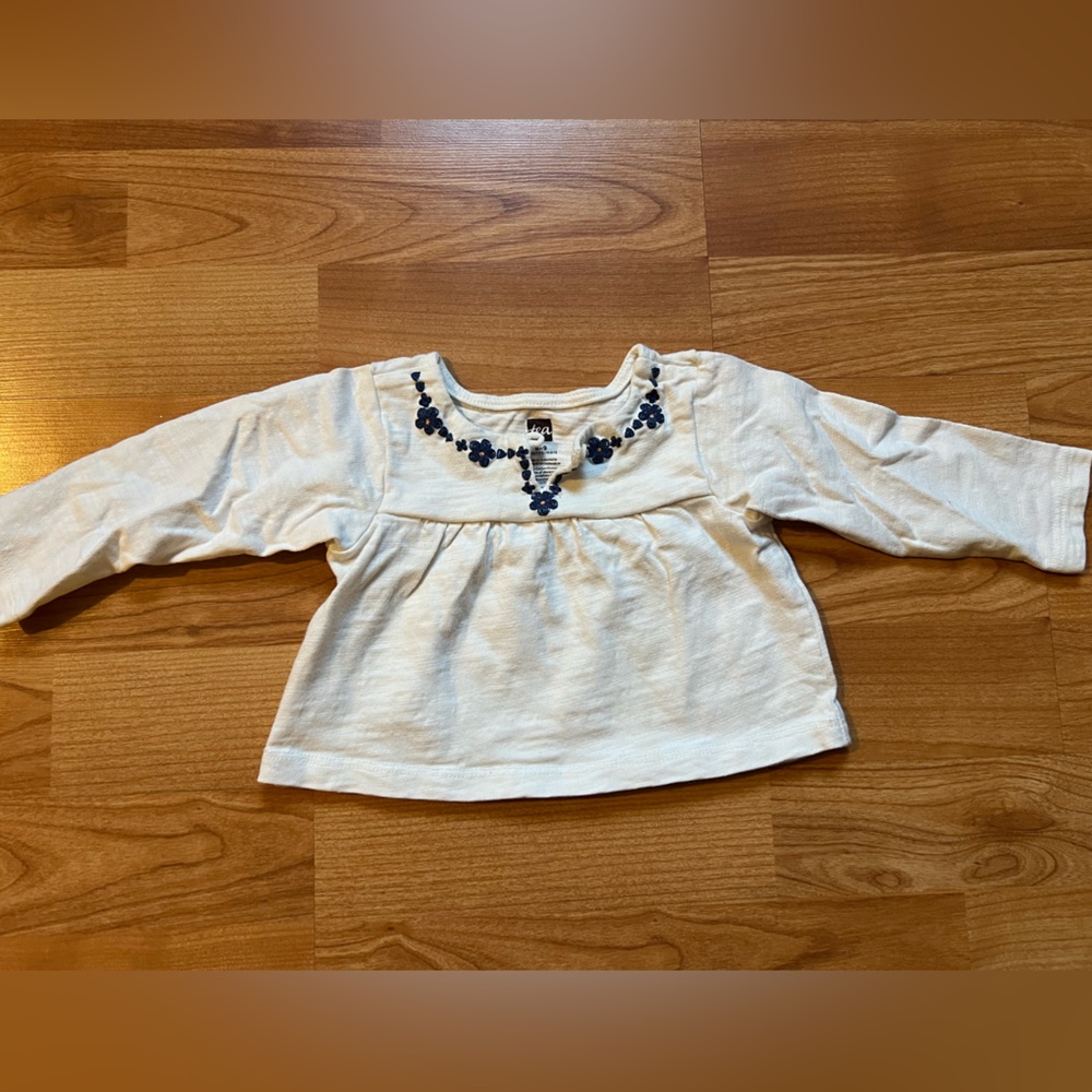 White Long Sleeve Baby Top with Blue Embroidery
